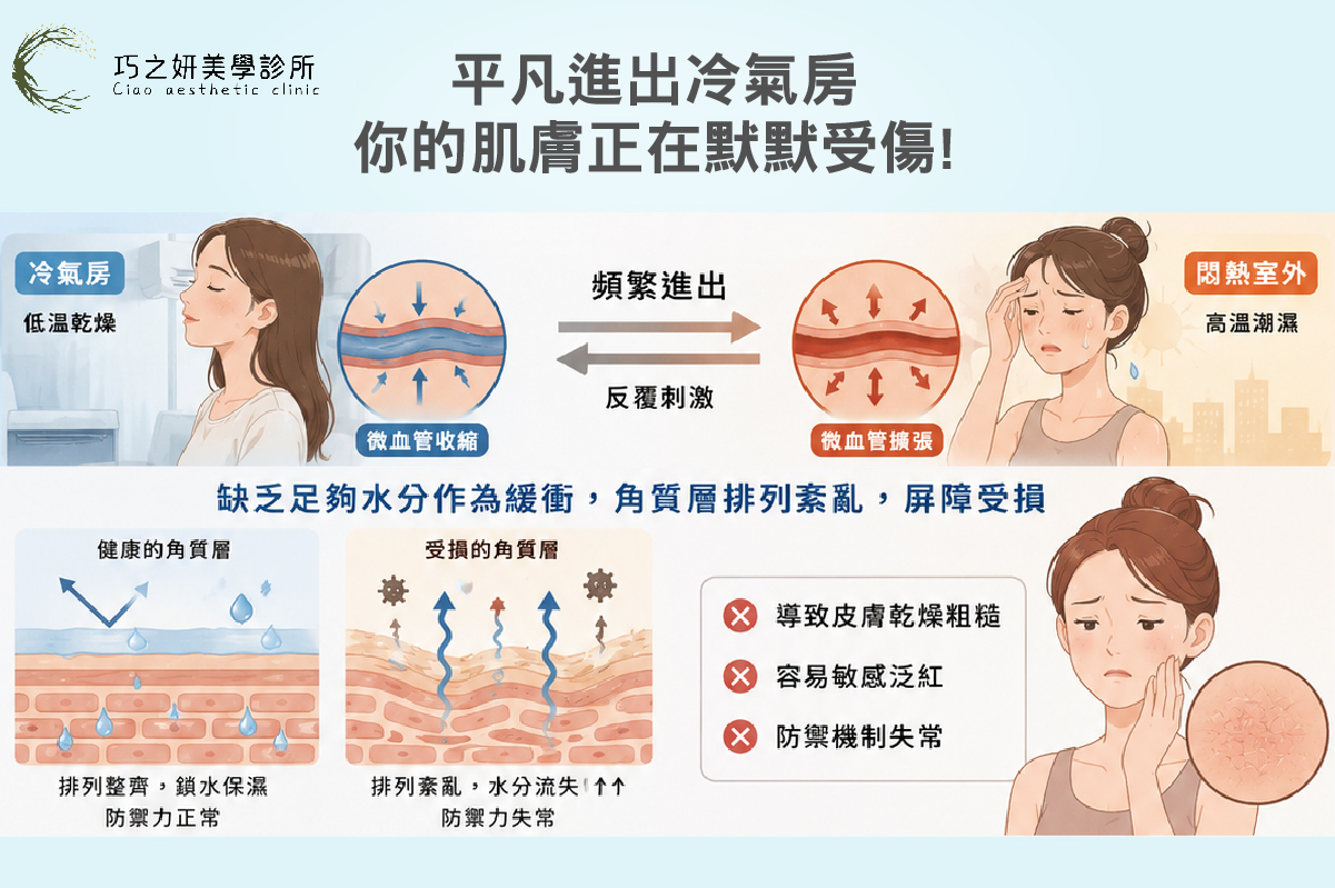 當我們頻繁進出冷氣房與悶熱的室外時，肌膚的微血管會不斷收縮與擴張，水分流失的速度遠大於自身分泌的速度。